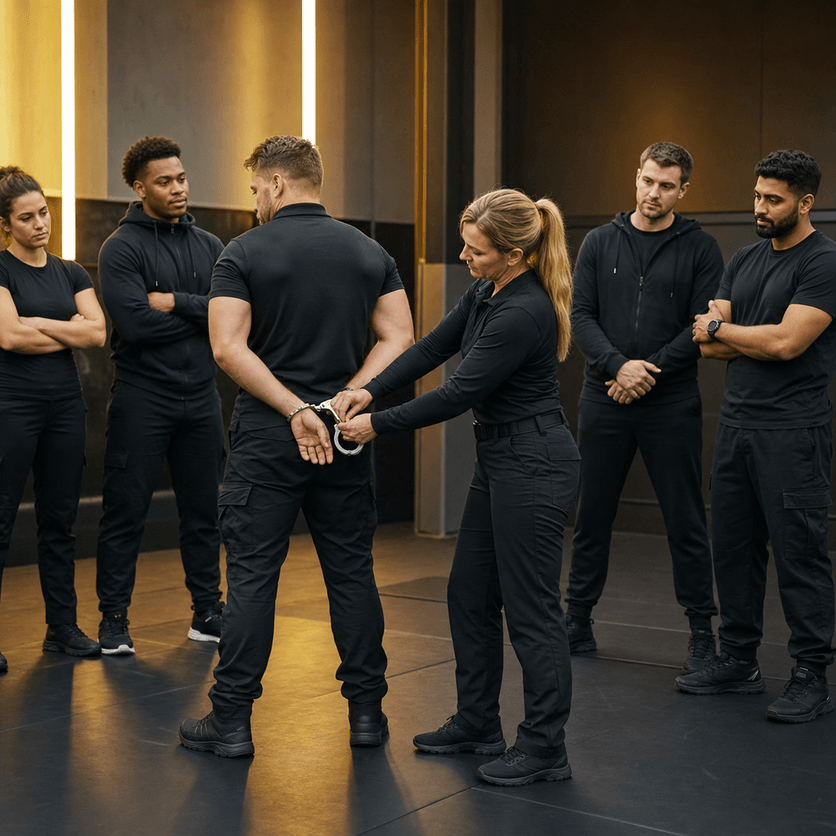 Professional security handcuff training in a controlled environment